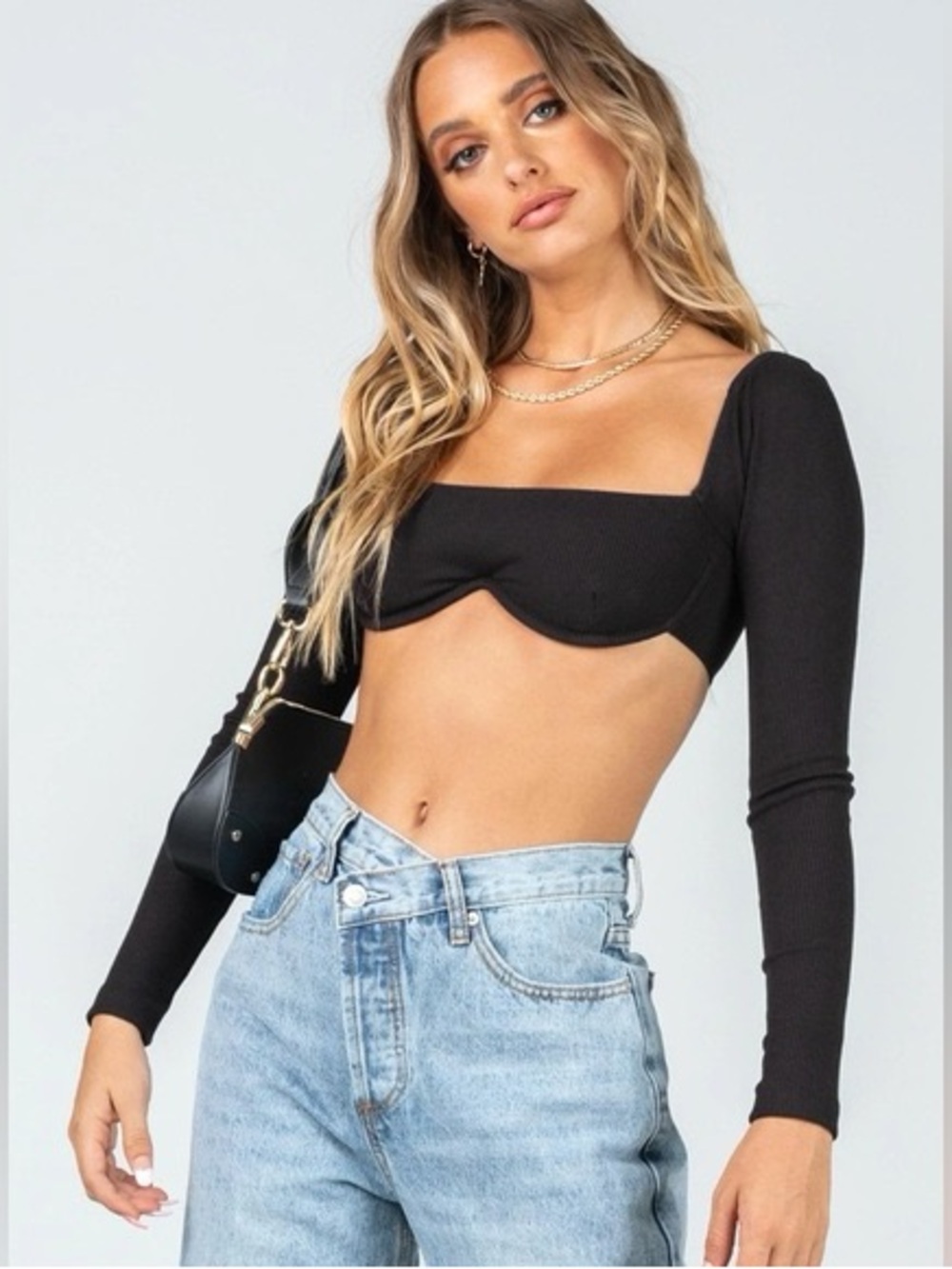 Princess Polly Becca Long Sleeve Crop Top Size 4 Built in Underwire Ribbed